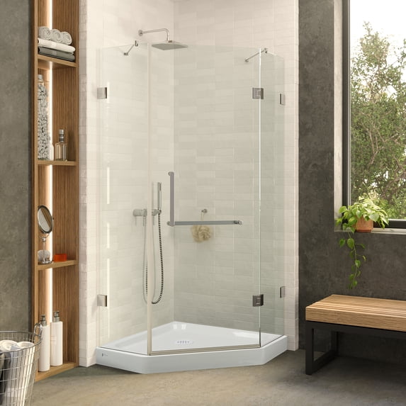Shower Set for 30" x 30" Space - Neo Angle, Acrylic Shower Base with Compatible Glass Frameless Shower Enclosure - Polished Chrome