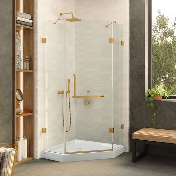 Shower Set for 30" x 30" Space - Neo Angle, Acrylic Shower Base with Compatible Glass Frameless Shower Enclosure - Satin Brass Hardware