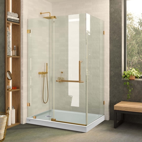 Shower Set for 40" x 28" Space - Double Threshold Acrylic Shower Base | Shower Enclosure - Satin Brass Hardware - Left Hand