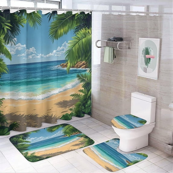 Shower Sets for Bathroom, Tropical Banana Leaves Pattern Printed on Bathroom Decor Sets with Shower Curtain Sets and Rugs, Designed for Farmhouse Boho Contemporary Bathrooms, 72 x 72 inches