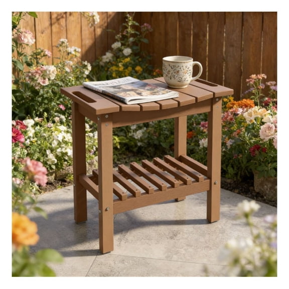 Shower Side Table, Outdoor Coffee Table - Brown HDPE Storage Table with Shelves