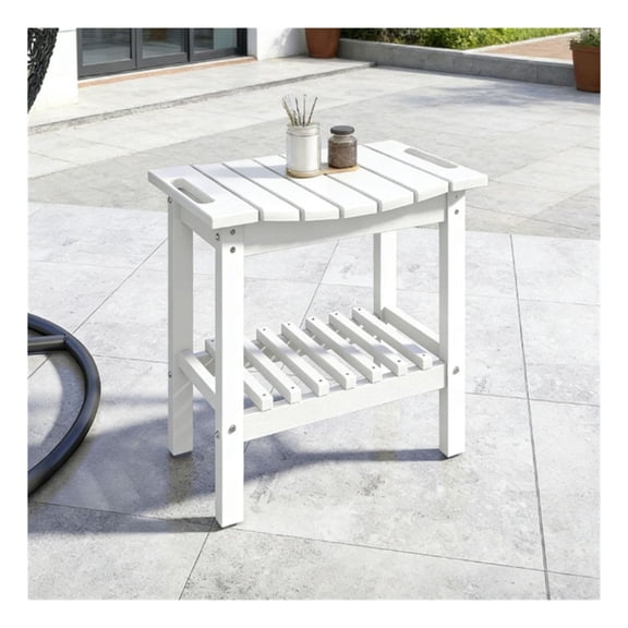 Shower Side Table, White HDPE Outdoor Coffee Table with Storage, Small Patio End Table, 2-Tier Shelving, 265 lbs Capacity