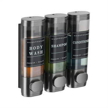 Shower Soap Dispenser 3 Chamber, Dingrich Wall Mounted Shampoo and Conditioner Dispenser with Labels, 400ml Large Capacity Shampoo Dispenser Set for Bathroom, Hotel, Kitchen, RV - Black