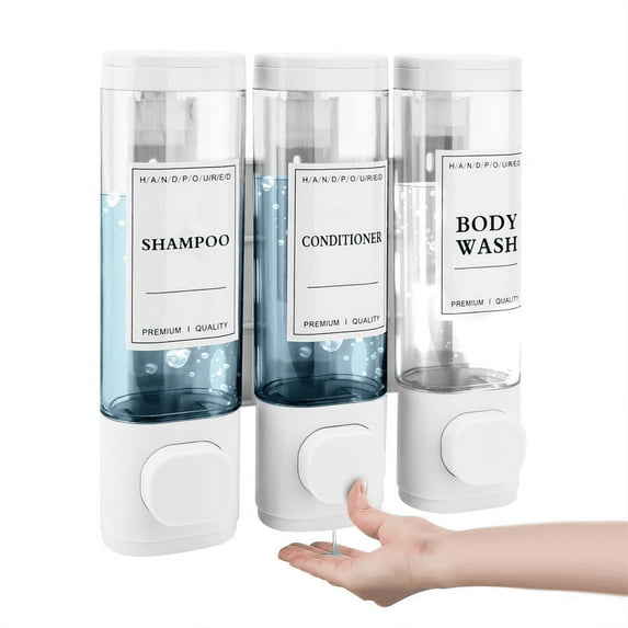 Dingrich Shower Soap Dispenser, Wall Mounted No Drill Shampoo Dispenser 3x400ml Bottle with Labels, Shampoo and Conditioner Dispenser for Shower Room, Bathroom, Hotel - White