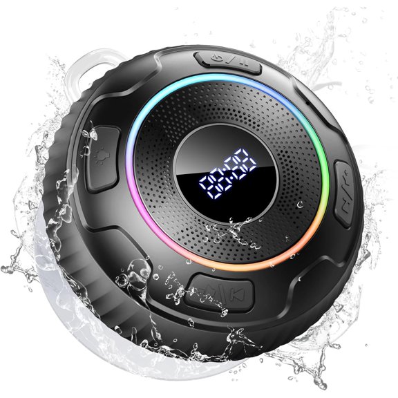 Shower Speaker, 5.3, Sound, Portable Speaker with Suction Cup/Hook, IPX7 , with LED Light/Time Display, for Bathroom/Outdoor/Party/Beach/Kayak/