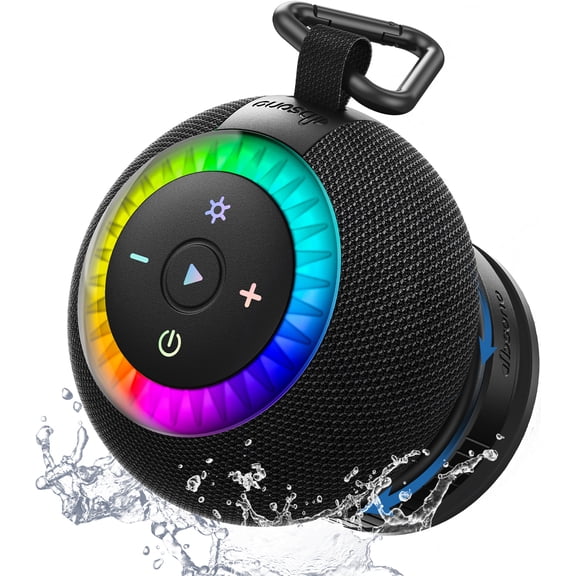Shower Speaker Bluetooth Waterproof Portable: 360 Surround Sound, IPX7 Suction Cup Removable with Vacuum Exhaust Knob, RGB Lights, Beach/Pool/Camping/Kayak Essentials, Gifts for Adults Teens-Black