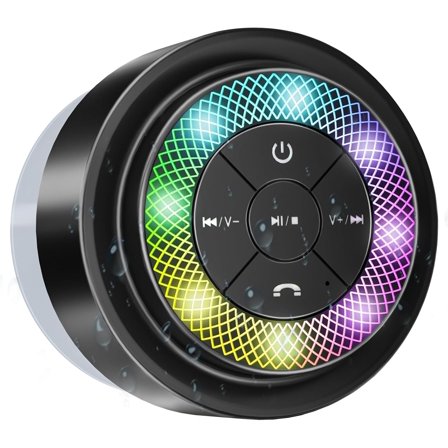 Shower Speaker, IP67 Portable Speakers with Suction Cup, Lights Show, Built-in Mic, Mini Speaker for Bathroom Travel Pool Beach, Ideas for Christmas