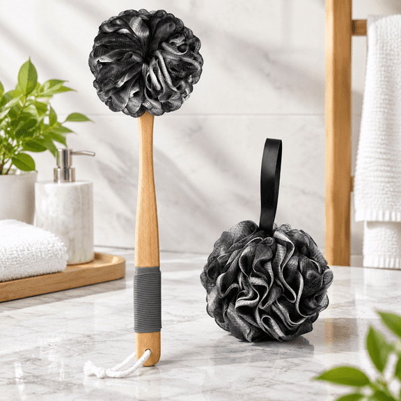 Shower Sponge Loofah Back Scrubber, PE Soft Mesh Loofah Body Scrubber with Long Wooden Handle, Bath Sponge for Men Women (Black)