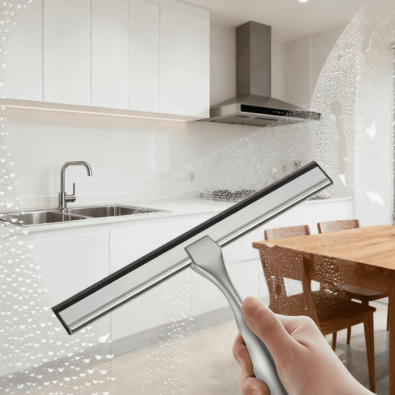 Shower Squeegee (Stainless Steel) - Designed for Shower Glass Doors, Bathroom Windows, Kitchen Mirrors & Car Glass, W/ Hooks Holder