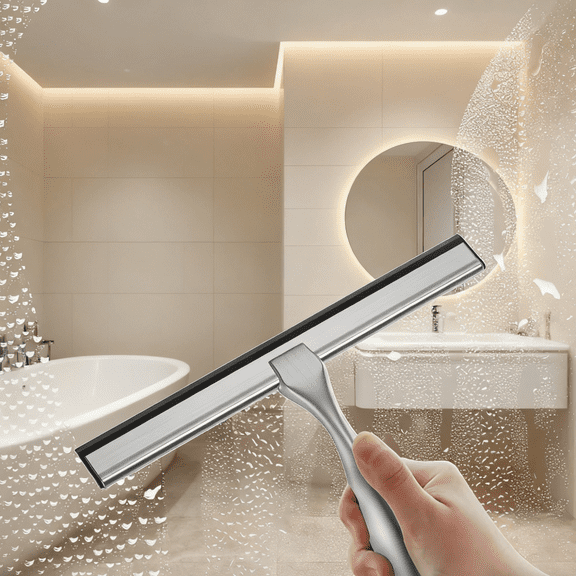 Shower Squeegee (Stainless Steel) - Designed for Shower Glass Doors, Bathroom Windows, Kitchen Mirrors & Car Glass, W/ Hooks Holder