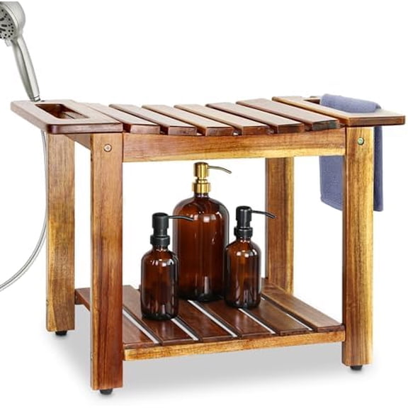 Shower Stool Bench Chair Waterproof with Storage Shelf for Shaving Legs, Spa, Bath Seat, Inside Shower Bench for Adults Seniors Elderly, Outdoor Side Table, Patio, Pool, End Table (24 in with Handle)