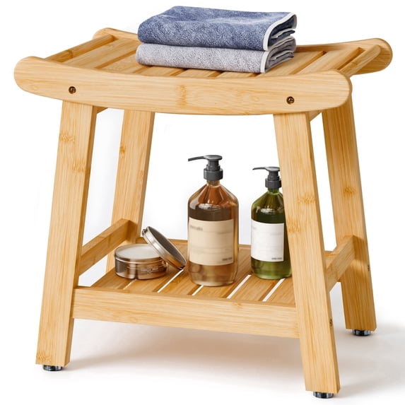 Shower Stool with Handles, Waterproof Shower Chair for Inside Shower, Small Shower Stool with Storage Shelf, Bathroom Stools 2-Tier Spa Seat for Adults Elderly, Wood Color