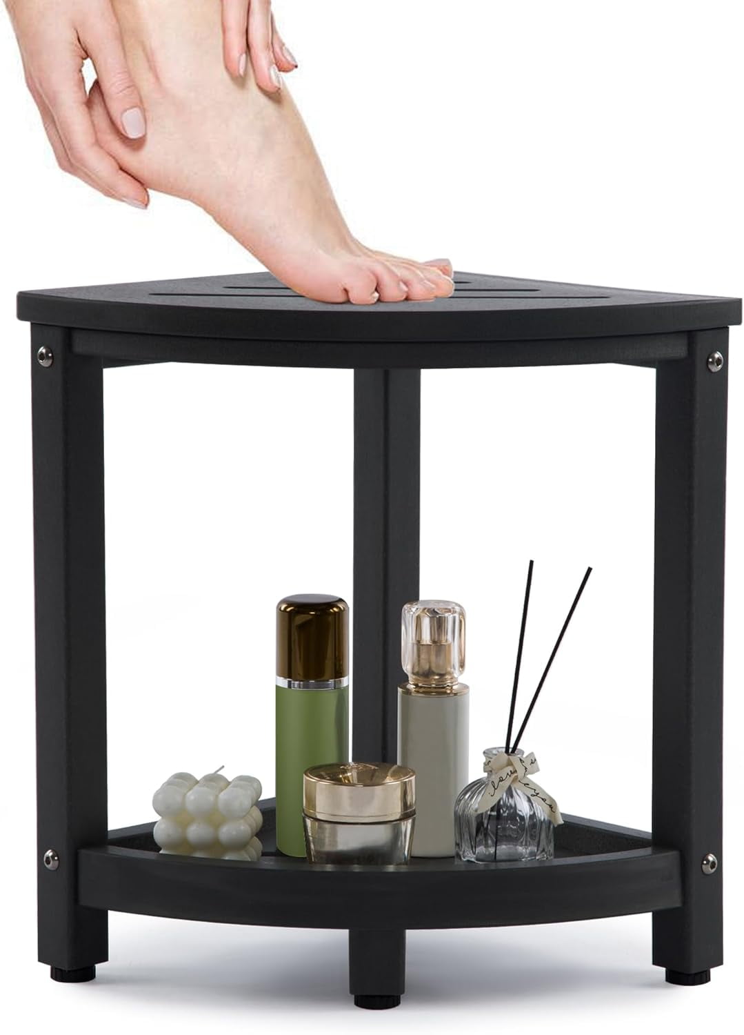 Black HDPE Corner Shower Stool with Storage Shelf