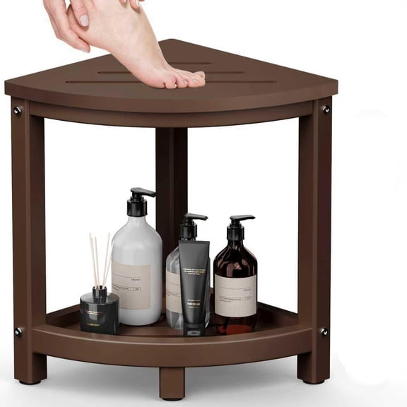 Shower Stool for Inside Shower, Corner Shower Bench Seat, HDPE Waterproof Shower Stool for Shaving Legs with Baffle Storage Shelf, Shower Seat/Foot Rest for Bathroom, Indoor/Outdoor Use, Brown