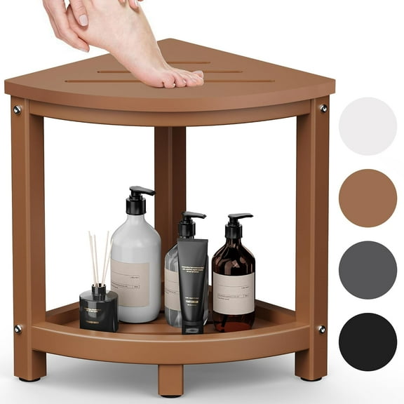 Shower Stool for Inside Shower, Corner Shower Bench Seat, HDPE Waterproof Shower Stool for Shaving Legs with Baffle Storage Shelf, Shower Seat/Foot Rest for Bathroom, Indoor/Outdoor Use, Teak