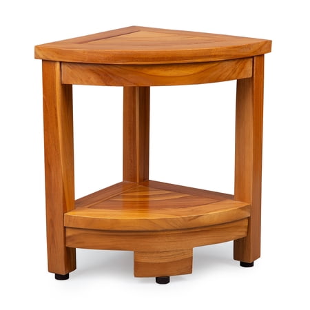 Shower Stool Natural Teak Wood Shower Bench with Curved Seat and Shelf, 2-Tier Wooden Shower Seat Spa Stool in Earthy Teak Finish - 16.5 inches