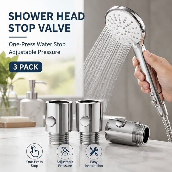 Shower Stop Valve 3 Pack, One Press Water Shut Off Switch for Shower Head, Adjustable Flow Control Valve, Chrome