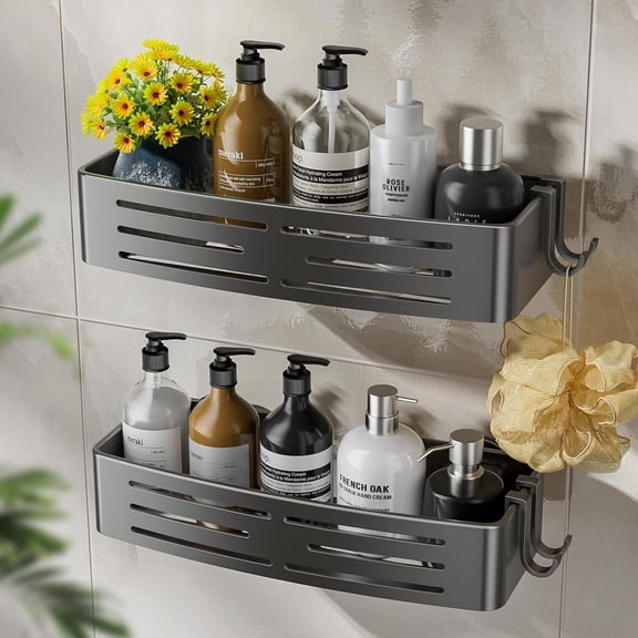 Shower Suction Cup,2 Pack Shower Shelves with Hooks No Drilling Removable,Large Capacity Bathroom Organizers and Storage, Rustproof Shower Bathroom Accessories Decor(Gray)