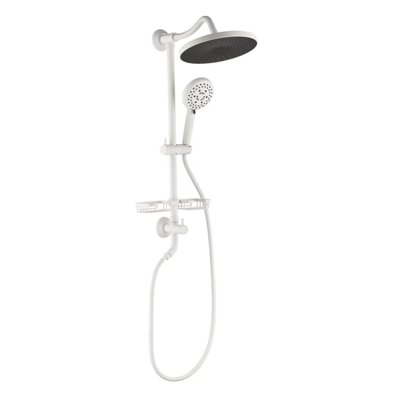 Shower System with 10" Rain Showerhead, 4-Function Handheld Shower, Adjustable Slide Bar and Soap Dish, Wall-Mounted Brass Bathroom Fixture, White Finish, Standard US Pipe Connection