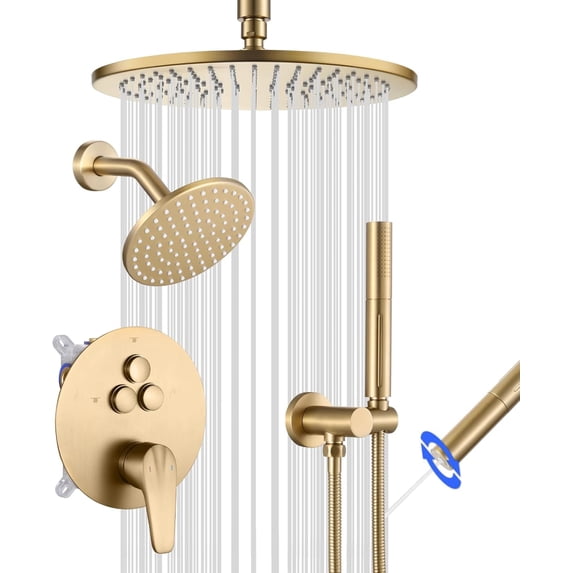 Shower System Brushed Gold Push Button Diverter Shower Faucet with in Handheld Ceiling Mount Shower Head with Wall Mount Shower Head