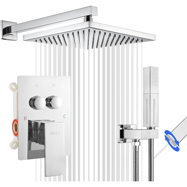 Shower System Chrome Wall Mount Shower Faucet Set, Push Button Diverter