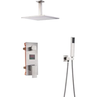 Gotonovo 12" Brushed Nickel Rainfall Shower Combo Set With Handheld & Tub Spout – Wall Mount