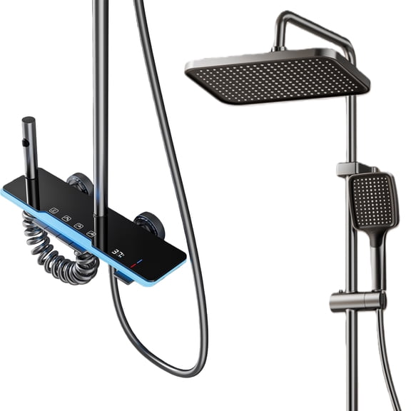 Shower System with Digital Temperature Display, Dual Shower Head Faucet Set with 12 Inch Rain Shower Head and Handheld Shower Head Fixtures, LED Piano Keys, 4 Water Outlet Modes, Gray