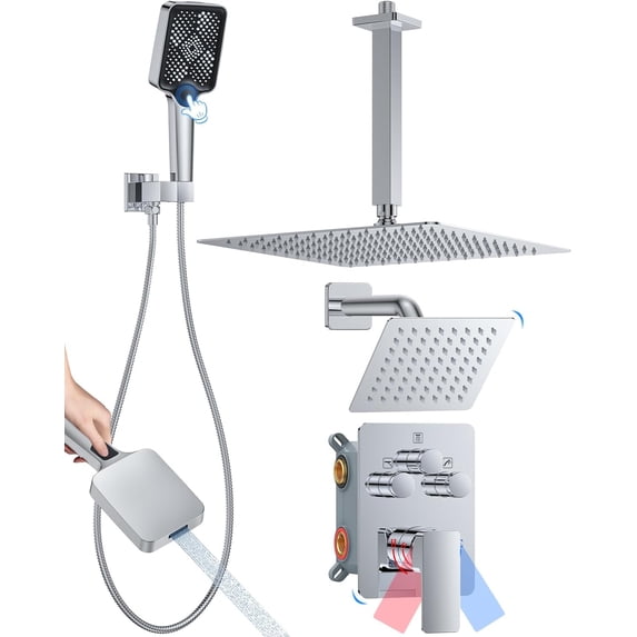 Shower System with Pressure Balance Valve Ceiling Mount Shower Faucet Set with Rain Shower Head And Multi-function Handheld Head Push Button Diverter Pressure Balancing Valve Kit Matte