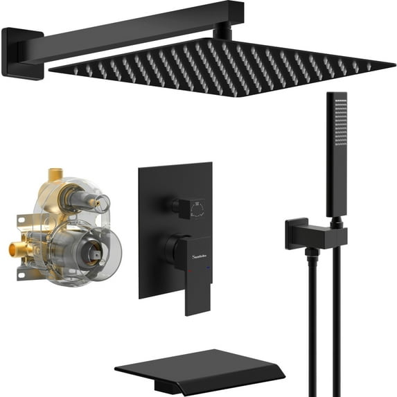 Shower System Rain Shower Faucet Set with Tub Spout, 10-Inch Matte Black Rain Shower System, Handheld Spray and Rough-in Valve Body and Trim Kit