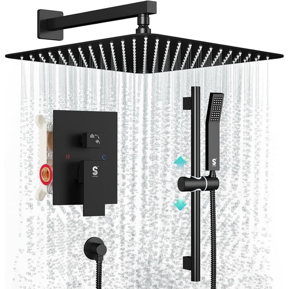 Shower System with Rain Showerhead Square Handheld Showerwith Slide Bar and Hose Wall Mounted Shower Faucet Set Included Valve and Trim Kit Brushed Nickel