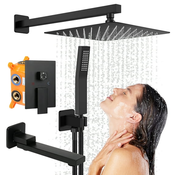 Shower System Set with Tub Spout 3 Function Wall Mounted Shower Faucet Combo Rainfall Shower Head and Handheld Spray Rough-in Valve Shower Trim Kit 10 Inch Matte Black