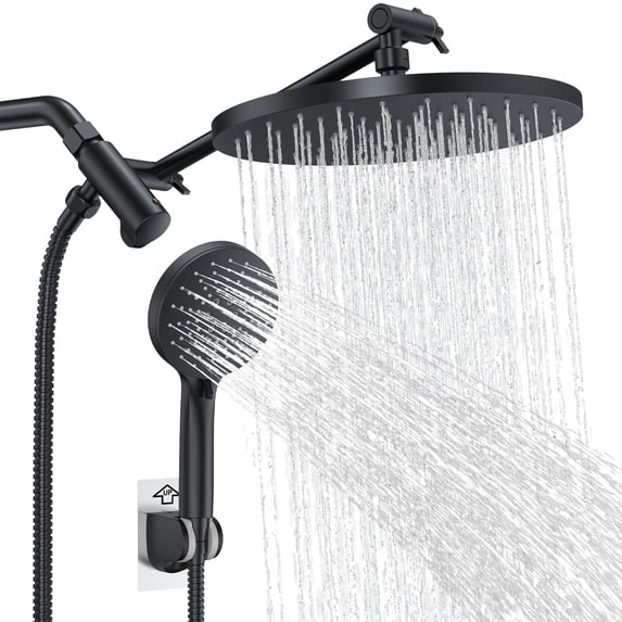 Rain Shower Head with 3-Mode Handheld Spray Combo, Dual Showerheads, All-Metal High-Pressure 10-Inch Rainfall Shower Head Set, Extension Arm with 3-Way Diverter, Matte Black