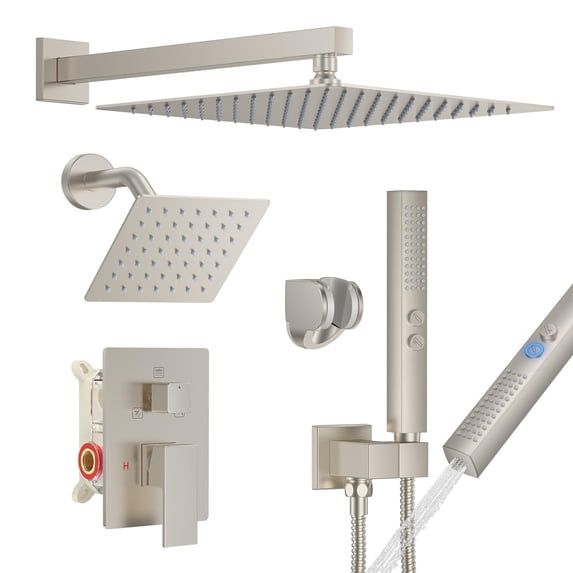 Shower System, Shower Faucet Set with 12-Inch Rain Showerhead and 2 in 1 Handheld Spray, Wall Mounted High-Pressure Showerhead Combo Set Included Valve and Trim, Brushed Nickel