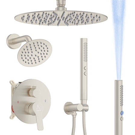 Shower System Shower Faucet Set Rainfall Shower Set with Valve 12+6" Dual Rain Shower Head with Handheld Ceiling Mount Wall Mount Shower Head Shower System, Brushed Nickel
