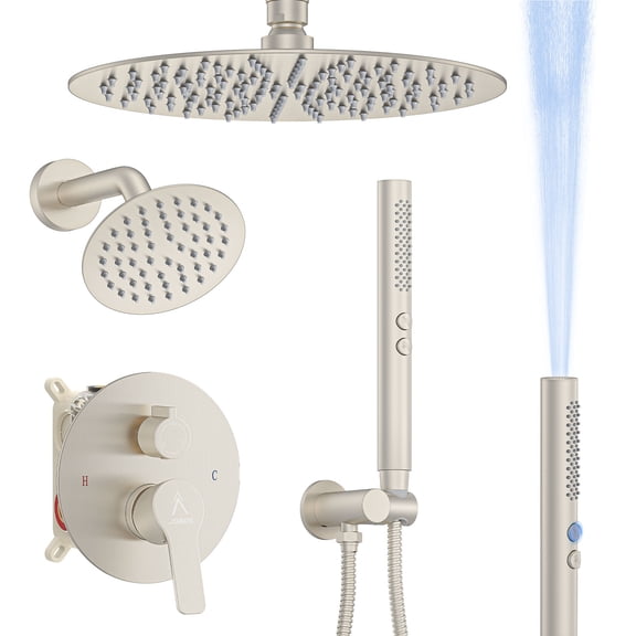 Shower System Shower Faucet Set Rainfall Shower Set with Valve 12+6" Dual Rain Shower Head with Handheld Ceiling Mount Wall Mount Shower Head Shower System, Brushed Nickel