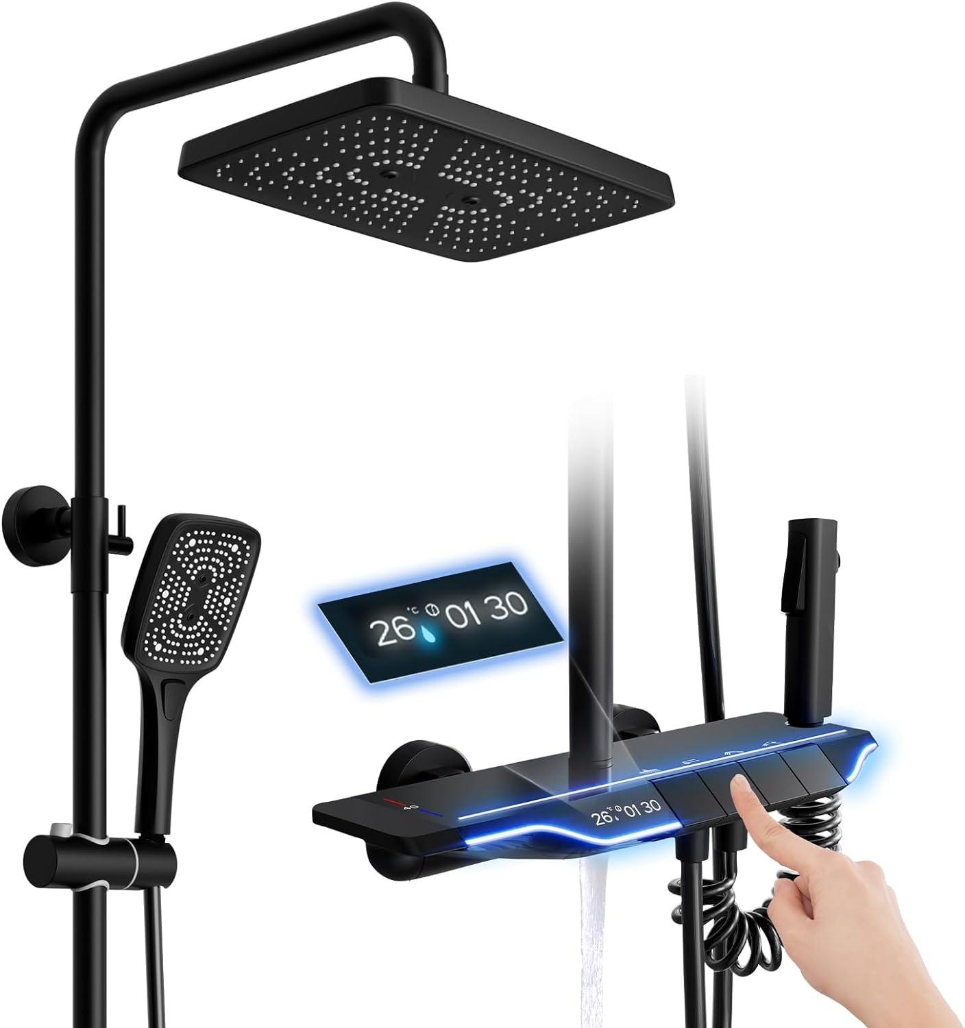 Shower System Thermostatic Matte Black Shower Faucet Set with Piano Key