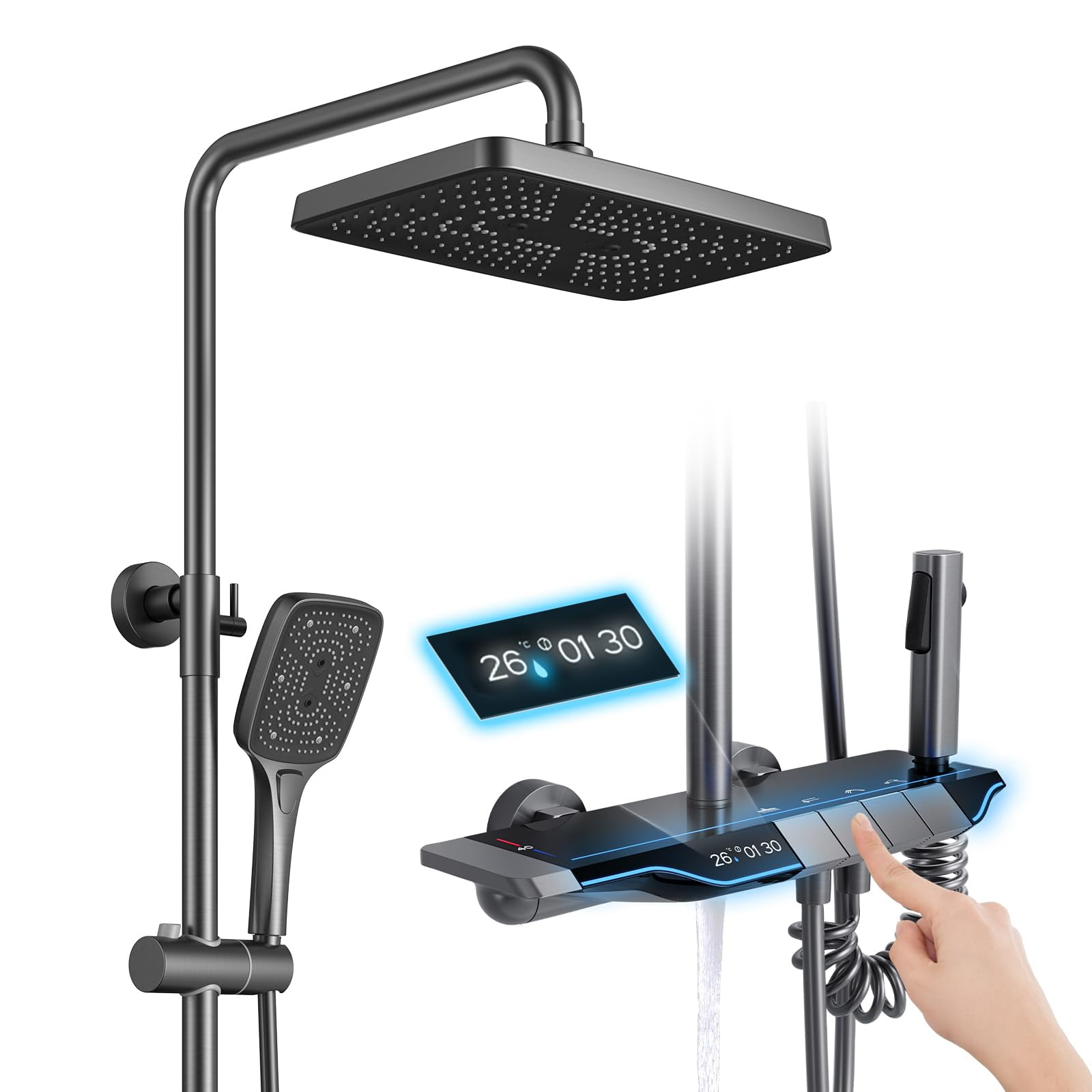 Smart Thermostatic Shower System With Digital Display & LED Lights - 13" Rain Shower Head, 3-Mode Handheld, Bidet & Waterfall Spout - Gray Wall Mount Combo