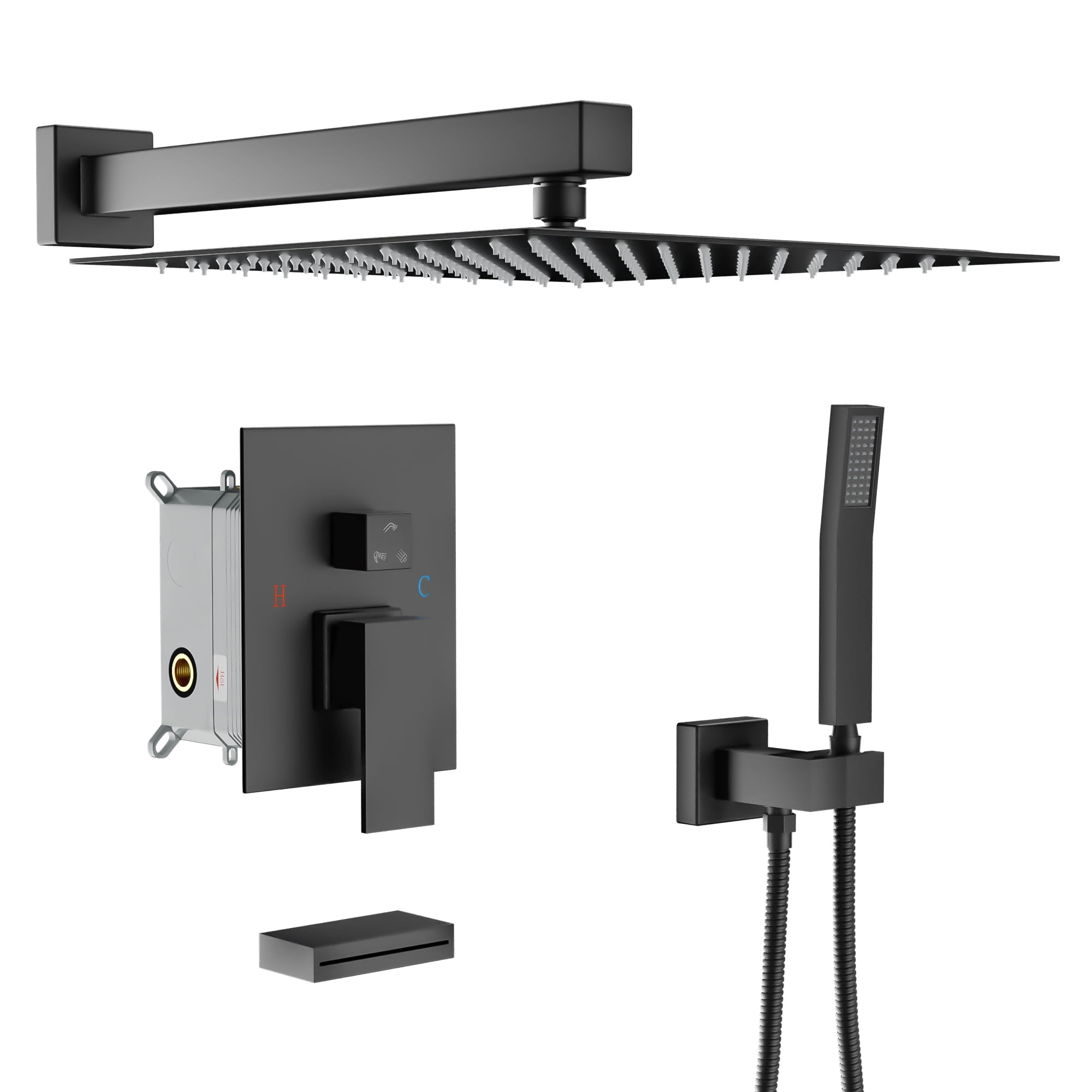Shower System - Waterfall Tub Spout Shower Faucet Set with 12 Inch Rain Shower Head Wall Mounted Shower Set Black with Contain Rough-in Valve Body and Trim