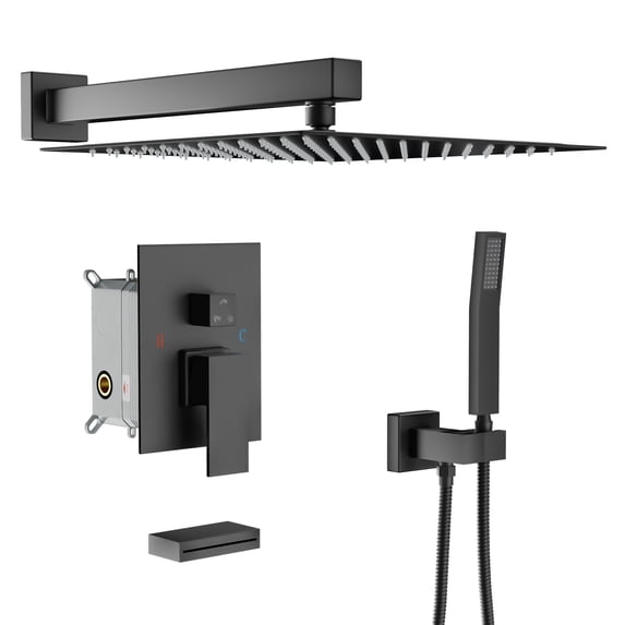 Shower System - Waterfall Tub Spout Shower Faucet Set with 12 Inch Rain Shower Head Wall Mounted Shower Set Black with Contain Rough-in Valve Body and Trim