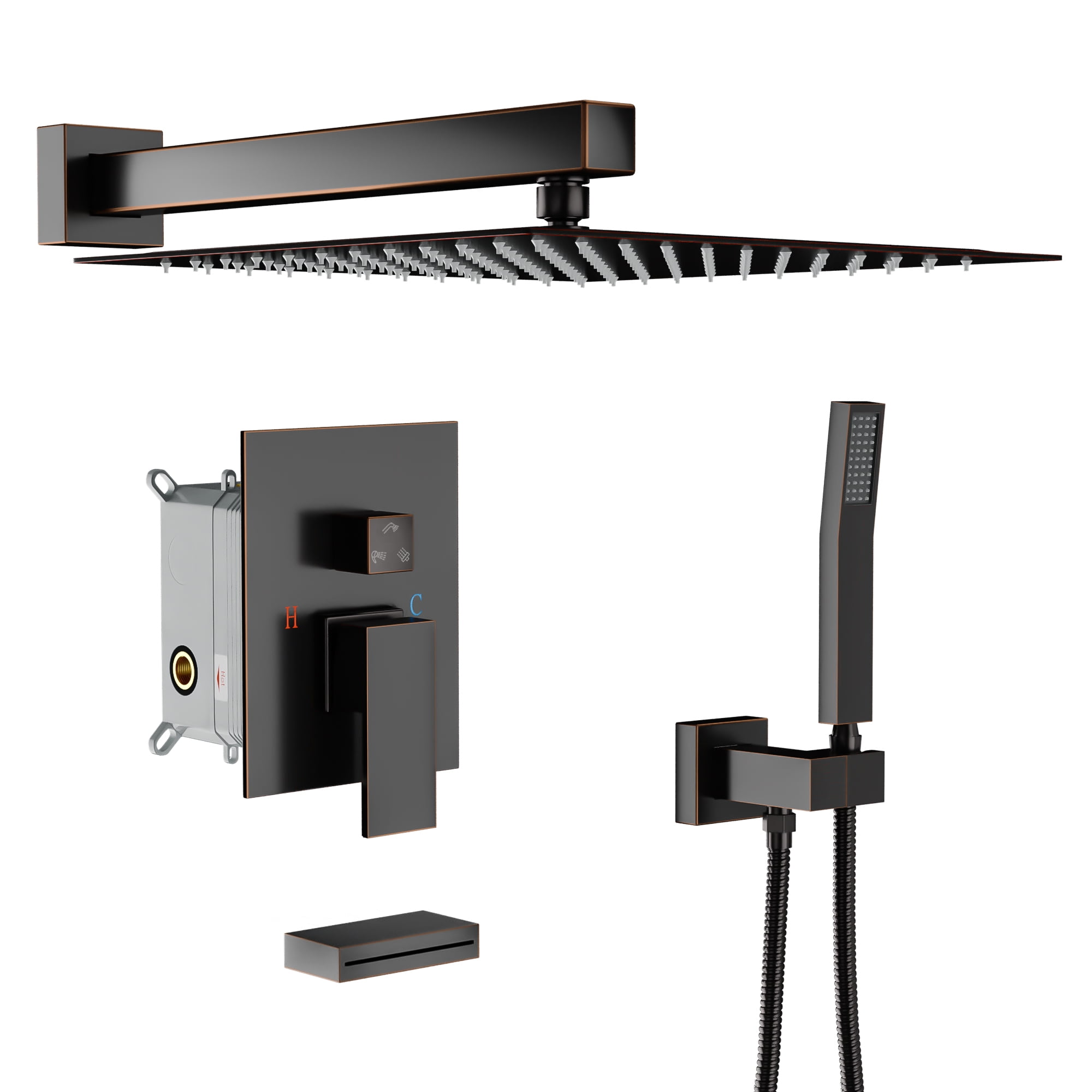 Shower System - Waterfall Tub Spout Shower Faucet Set with 12 Inch Rain Shower Head Wall Mounted Shower Set ORB with Contain Rough-in Valve Body and Trim