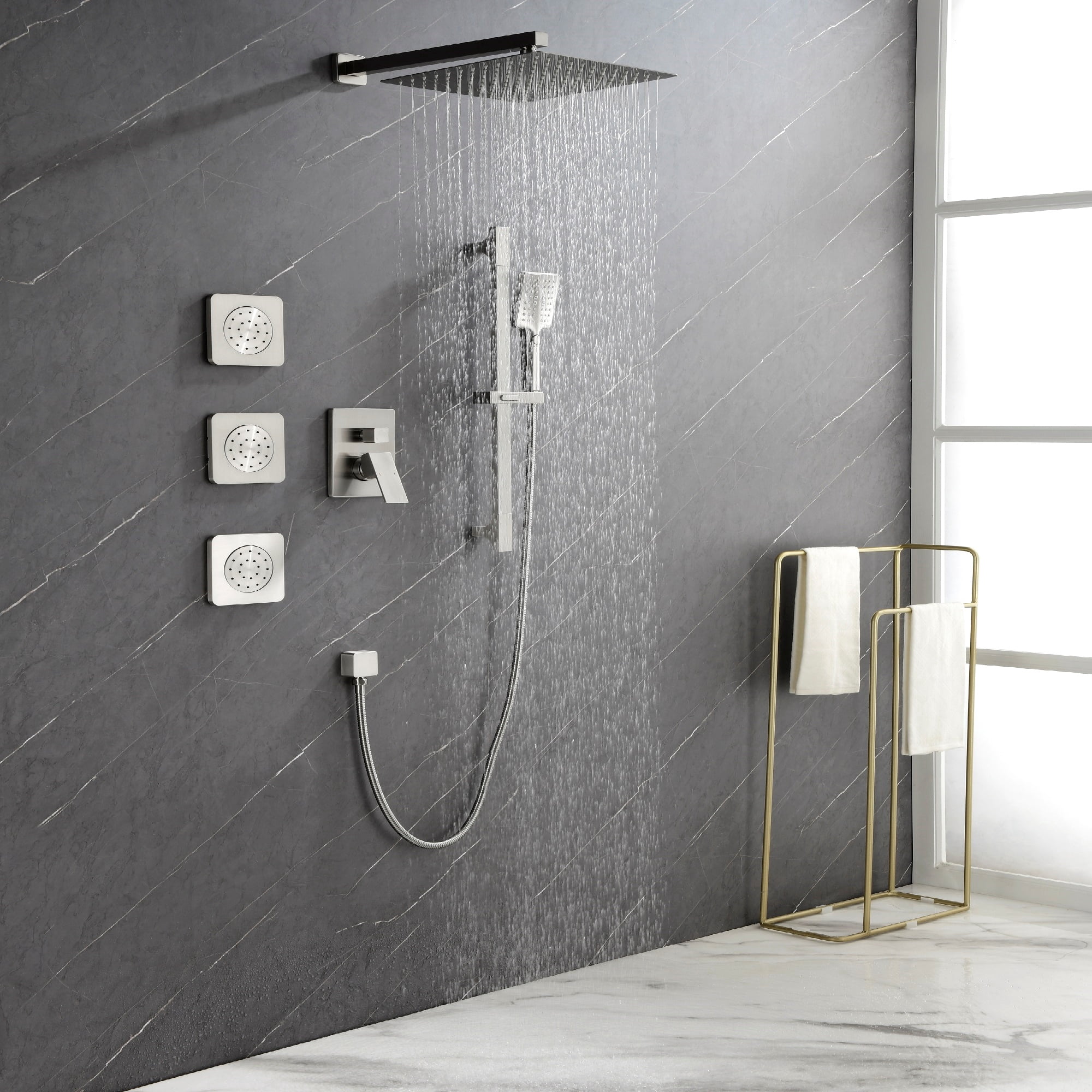 Shower System with Shower Head, Hand Shower, Slide Bar, Bodysprays, Shower Arm, Hose, Valve Trim, and Lever Handles