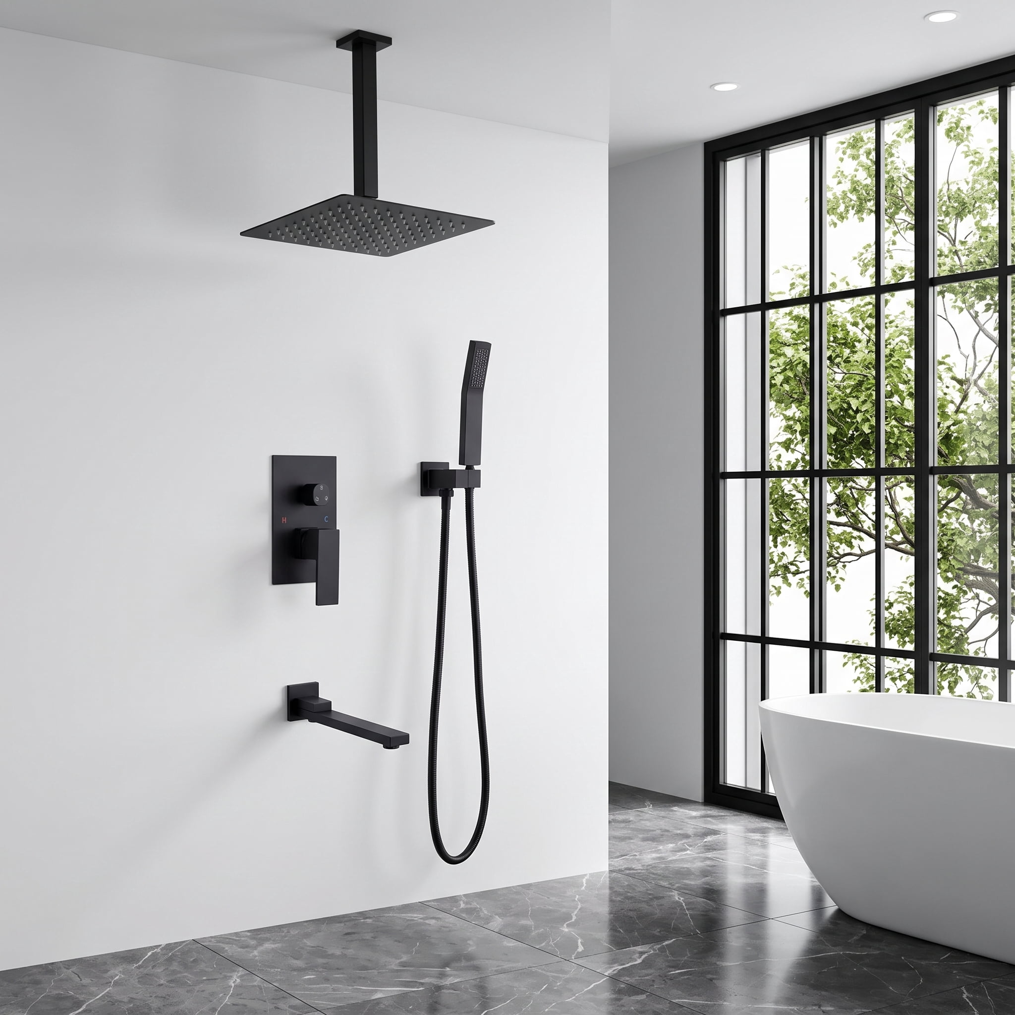 Shower System with Tub Spout, 10 inch Shower Head Shower Set for Bathroom, Black