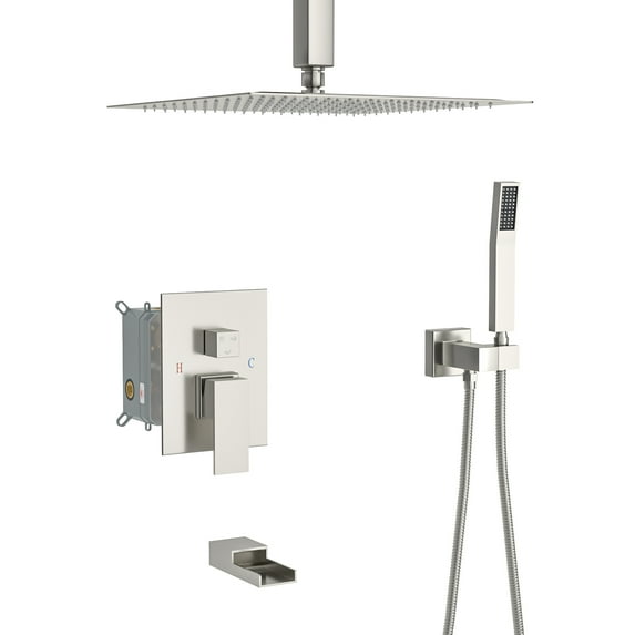 Shower System with Waterfall Tub Spout,12 Inch Ceiling Mount Square Shower System with Rough-in Valve, Brushed Nickel