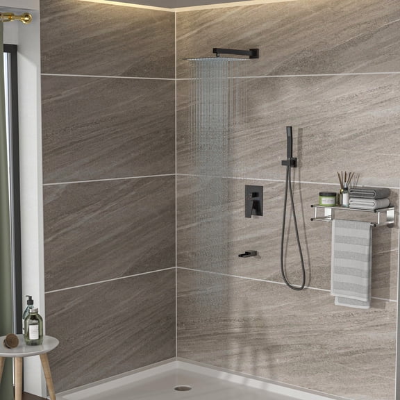 Shower System with Waterfall Tub Spout,12 Inch Wall Mounted Square Shower System with Rough-in Valve, Oil Rubber Bronze