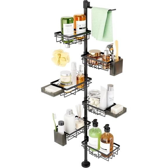 Shower Tension Rod Organizer, 6 Tier Rustproof Corner Shower Caddy Tension Pole with Soap Holder & Hooks, Adjustable 30-121 Inch Bathroom Shelf for Renters - Family Stand Storage Rack, Black