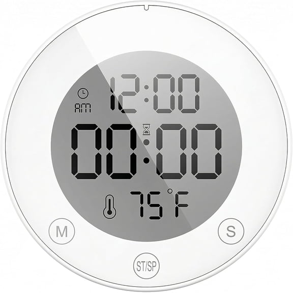 Shower Timer Clock Waterproof Bathroom Timer Digital Wall Clock with Countup Countdown, Magnetic Kitchen Timer Clock Temperature, Suction Cup Kids Shower Spa Cook Bath (3.54'', White)