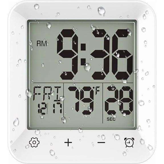 Shower Timer Waterproof Bathroom Clock , Digital Kitchen Wall Clock with Countdown, Temperature, Suction Cup Hanging Hole, White