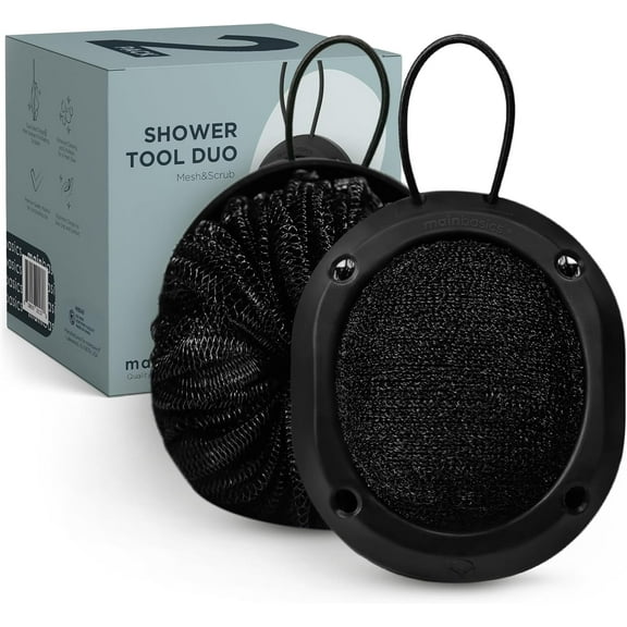 Shower Tool Duo 2-1 Shower Loofah Sponge and Exfoliating Body Scrubber (2 Pack, Black)