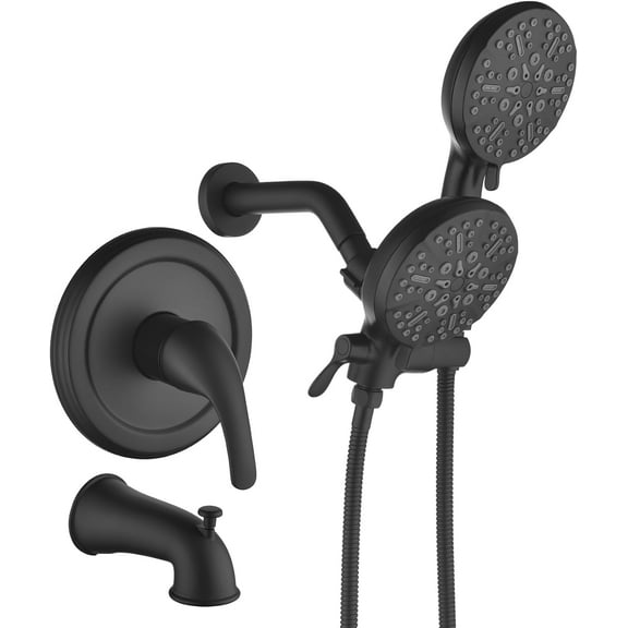 Shower Tub Faucet Set with Handheld Spray Dual Shower Faucet Set with Tub Spout Shower System Dual Shower Head and Handheld Combo Shower Trim Kit Rough-in Valve Included Matte Black,TP038