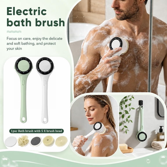 Shower and Tub Scrubber, Scrubber with Long Handle, Electric Tub Scrubber, Shower Tile Scrubber, Mint Green 14X3.5X3 Inch Cordless Electric Shower Scrubber Set with 5 Custom Brush